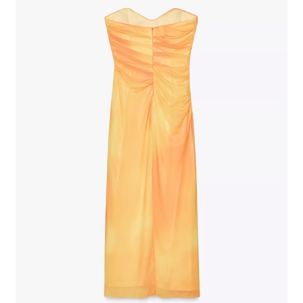 Zara NWT yellow orange tie dye printed tulle midi draped ruched sweetheart dress - Picture 14 of 15